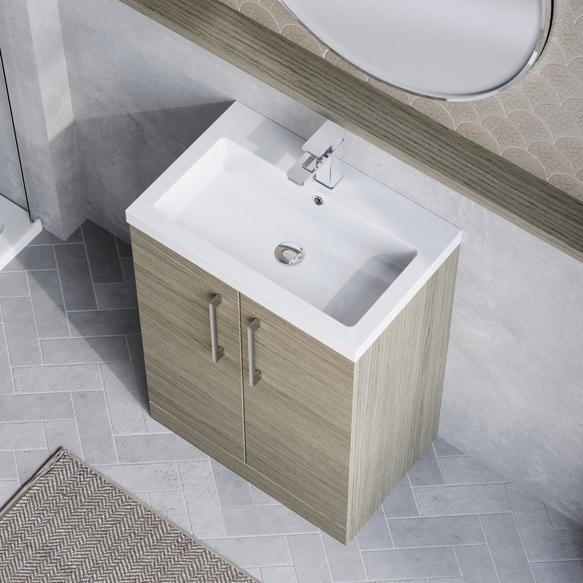 Modern Splash Compact 600mm Solace Oak 2 Door Floor Standing Vanity Unit With Polymarble Basin