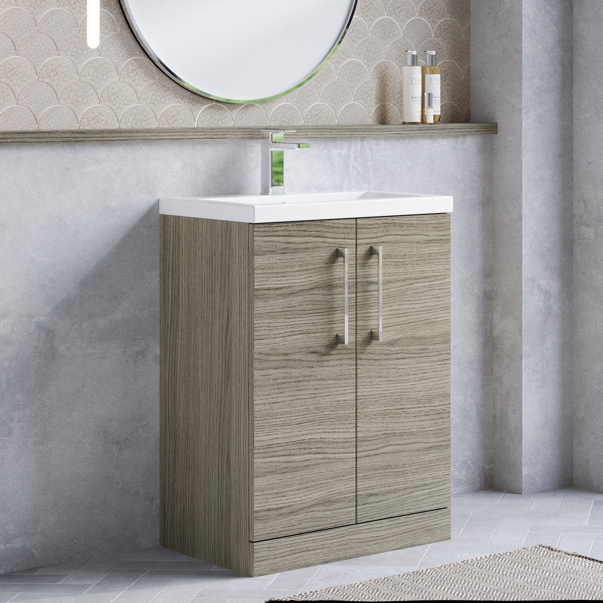 Modern Splash Compact 600mm Solace Oak 2 Door Floor Standing Vanity Unit With Polymarble Basin