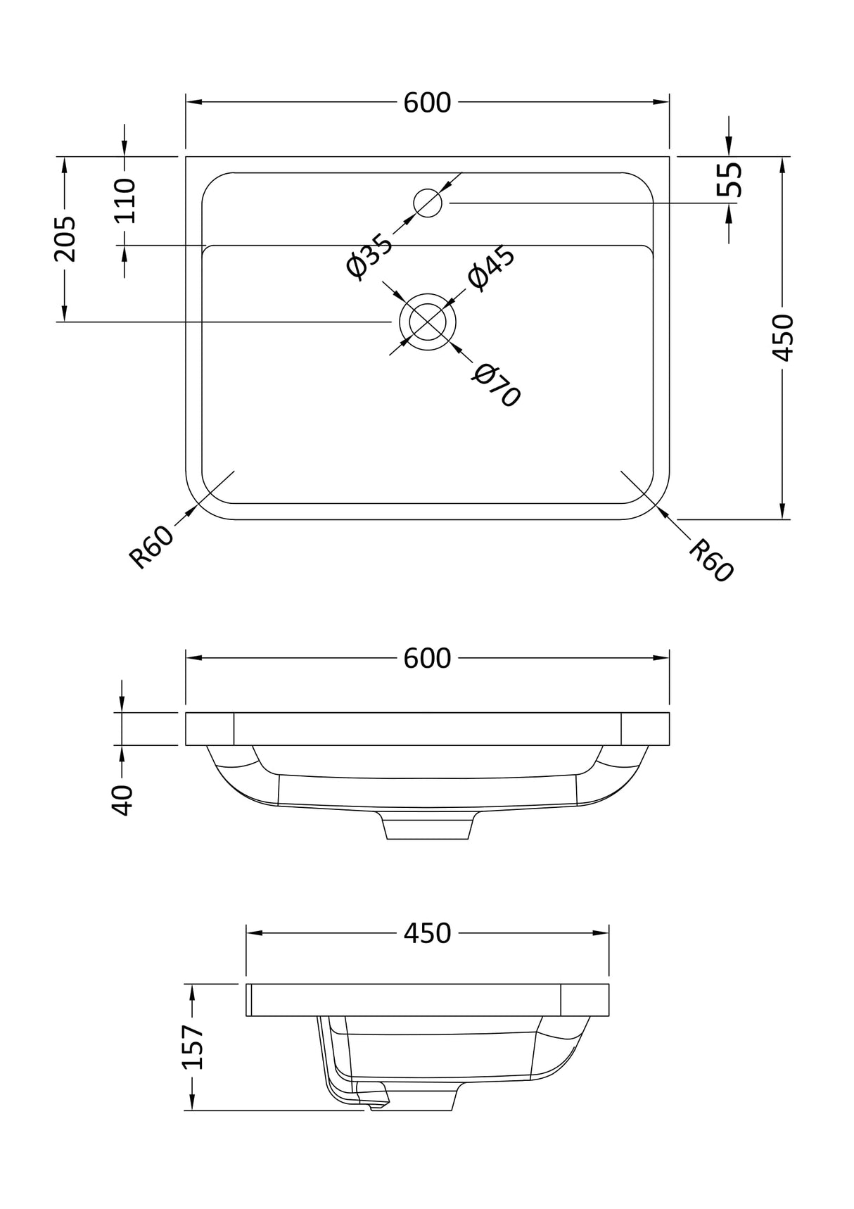 1 Tap Hole 600mm Polymarble Curved Basin
