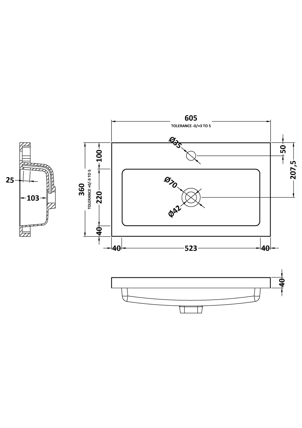 1 Tap Hole 600mm Polymarble Rectangular Basin