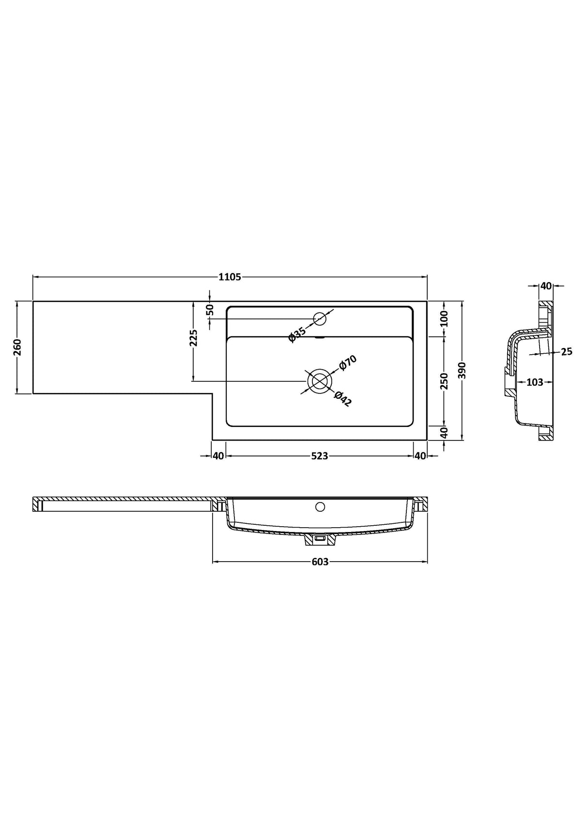 Modern Splash 1100mm 1 Tap Hole Right Hand Polymarble L-Shaped Basin