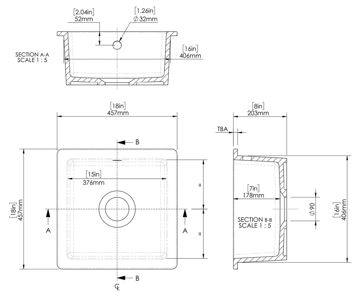 Modern Splash 457mm x 457mm Fireclay White Single Bowl Square Inset Sink With Central Waste And Overflow