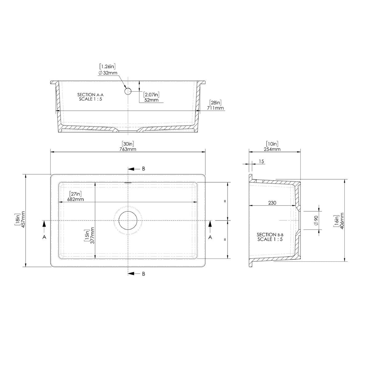 Modern Splash 762mm x 457mm Fireclay White Single Bowl Rectangular Inset Sink With Central Waste And Overflow