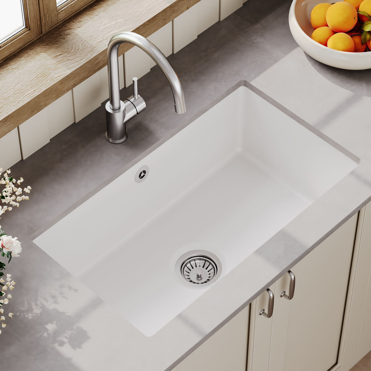 Modern Splash 762mm x 457mm Fireclay White Single Bowl Rectangular Inset Sink With Central Waste And Overflow