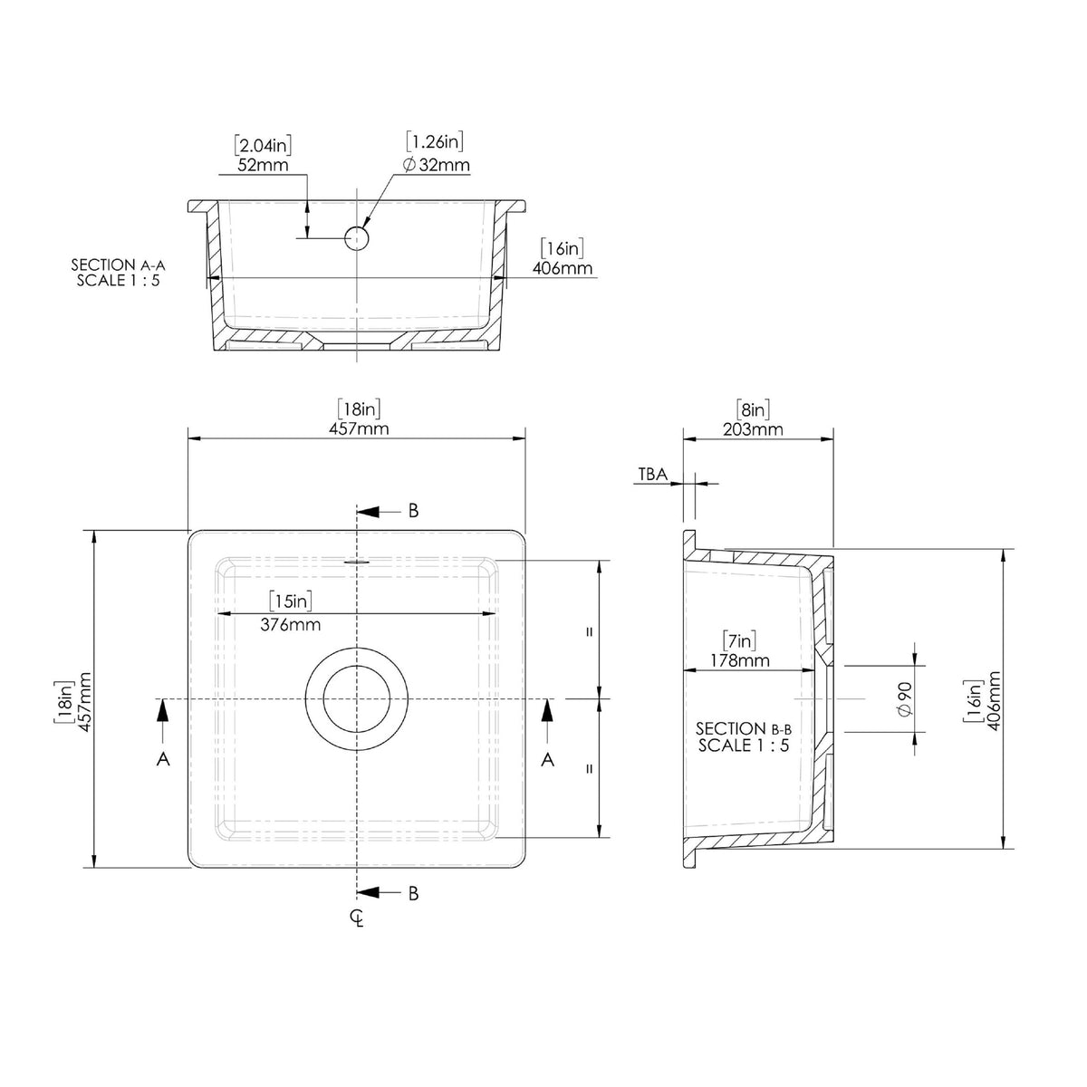 Modern Splash 457mm x 457mm Fireclay Soft Black Single Bowl Square Inset Sink With Central Waste And Overflow