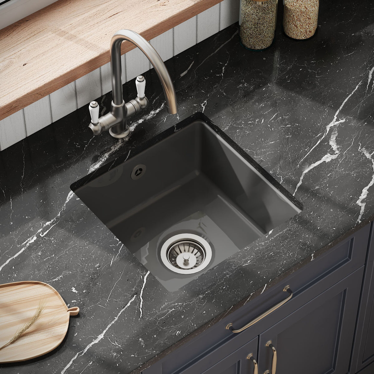 Modern Splash 457mm x 457mm Fireclay Soft Black Single Bowl Square Inset Sink With Central Waste And Overflow