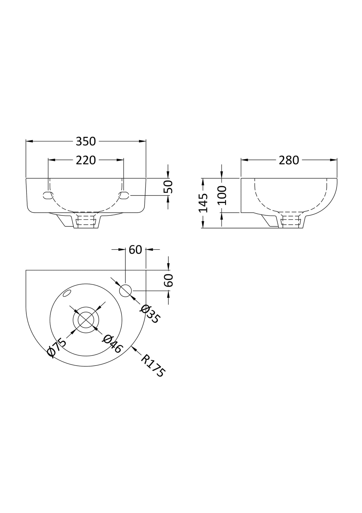 Modern Splash  Ramsay 1 Tap Hole 350mm Wall Hung Ceramic Basin