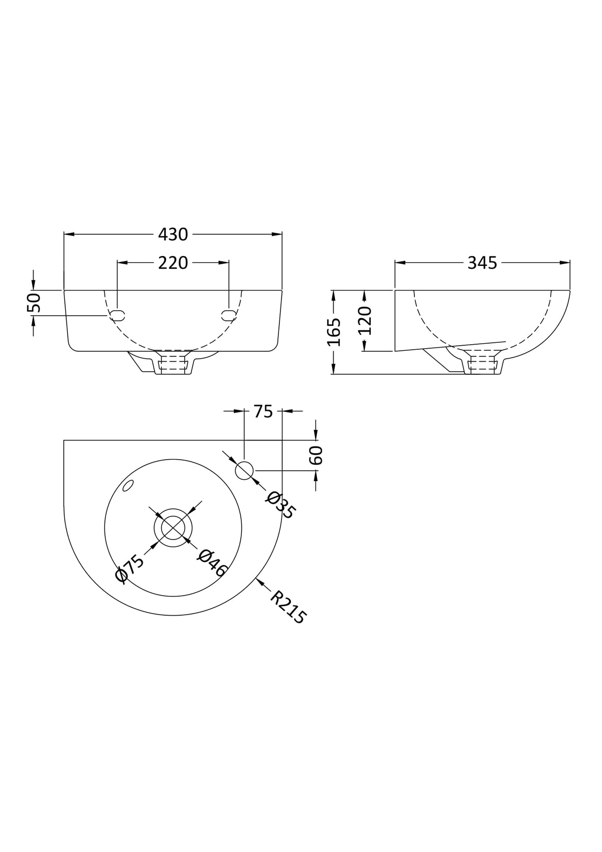 Modern Splash  Ramsay 1 Tap Hole 450mm Wall Hung Ceramic Basin