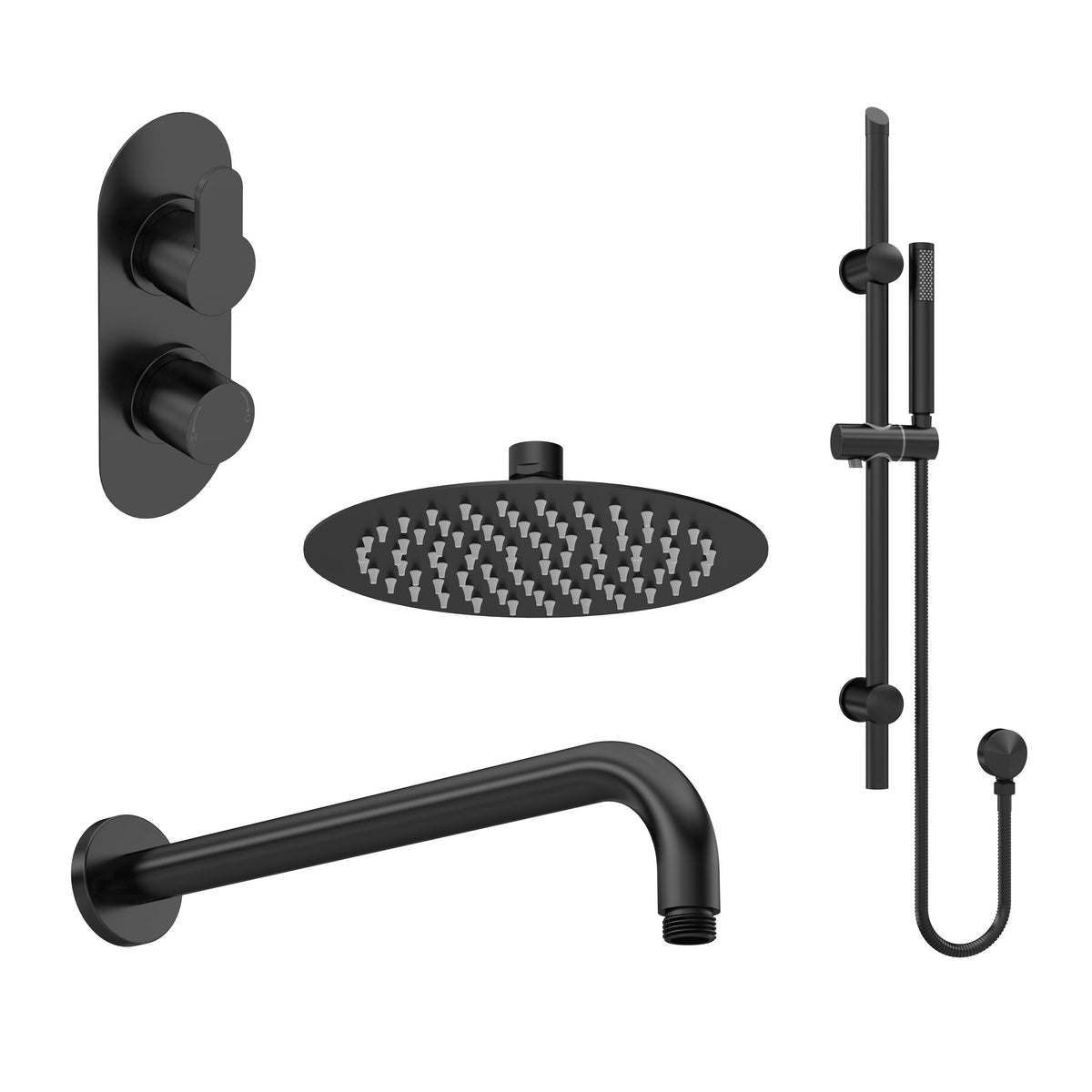 Modern Splash Matt Black Twin Thermostatic Valve With Diverter, Shower Arm, Fixed Shower Head And Slider Rail Kit