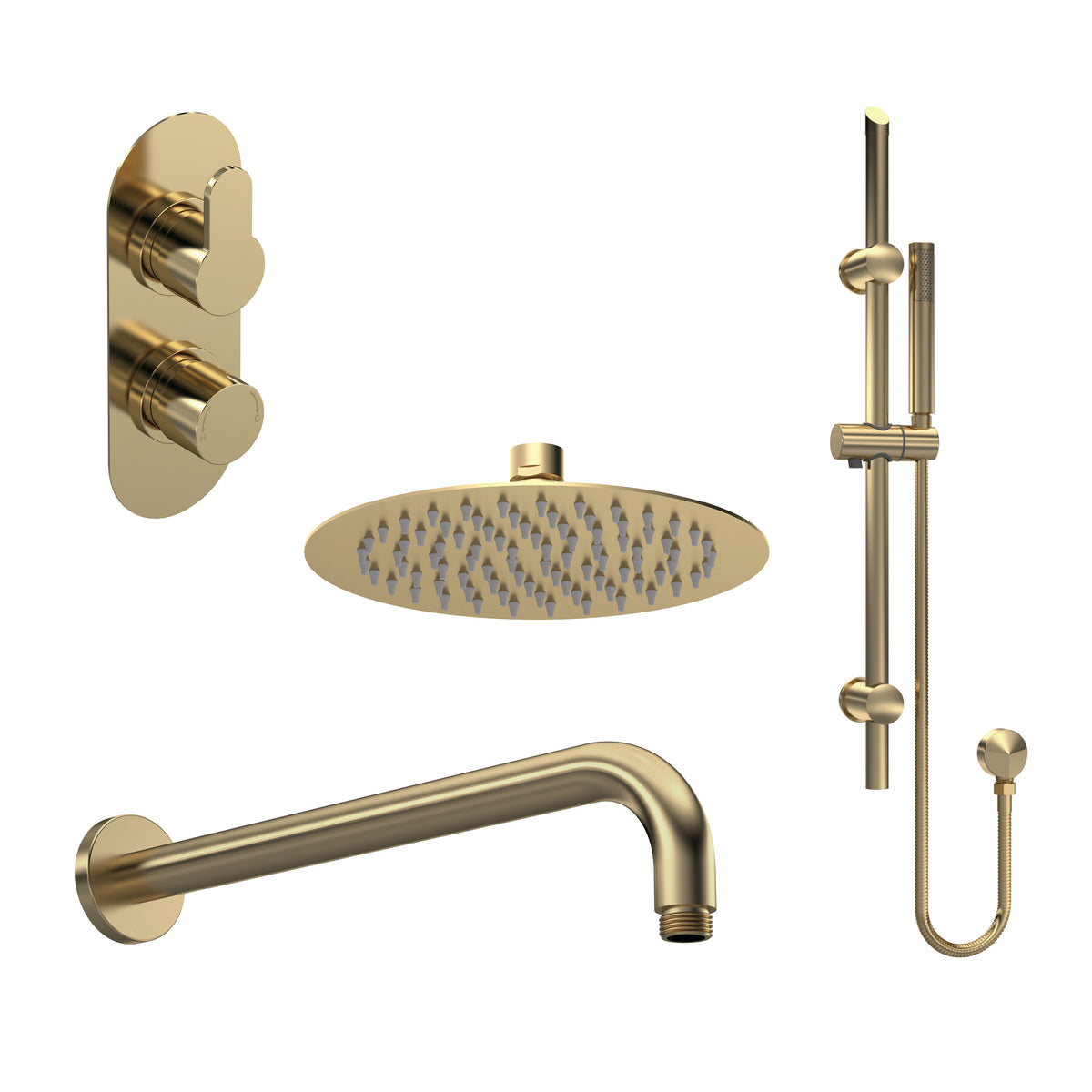 Modern Splash Brushed Brass Twin Thermostatic Valve With Diverter, Shower Arm, Fixed Shower Head And Slider Rail Kit