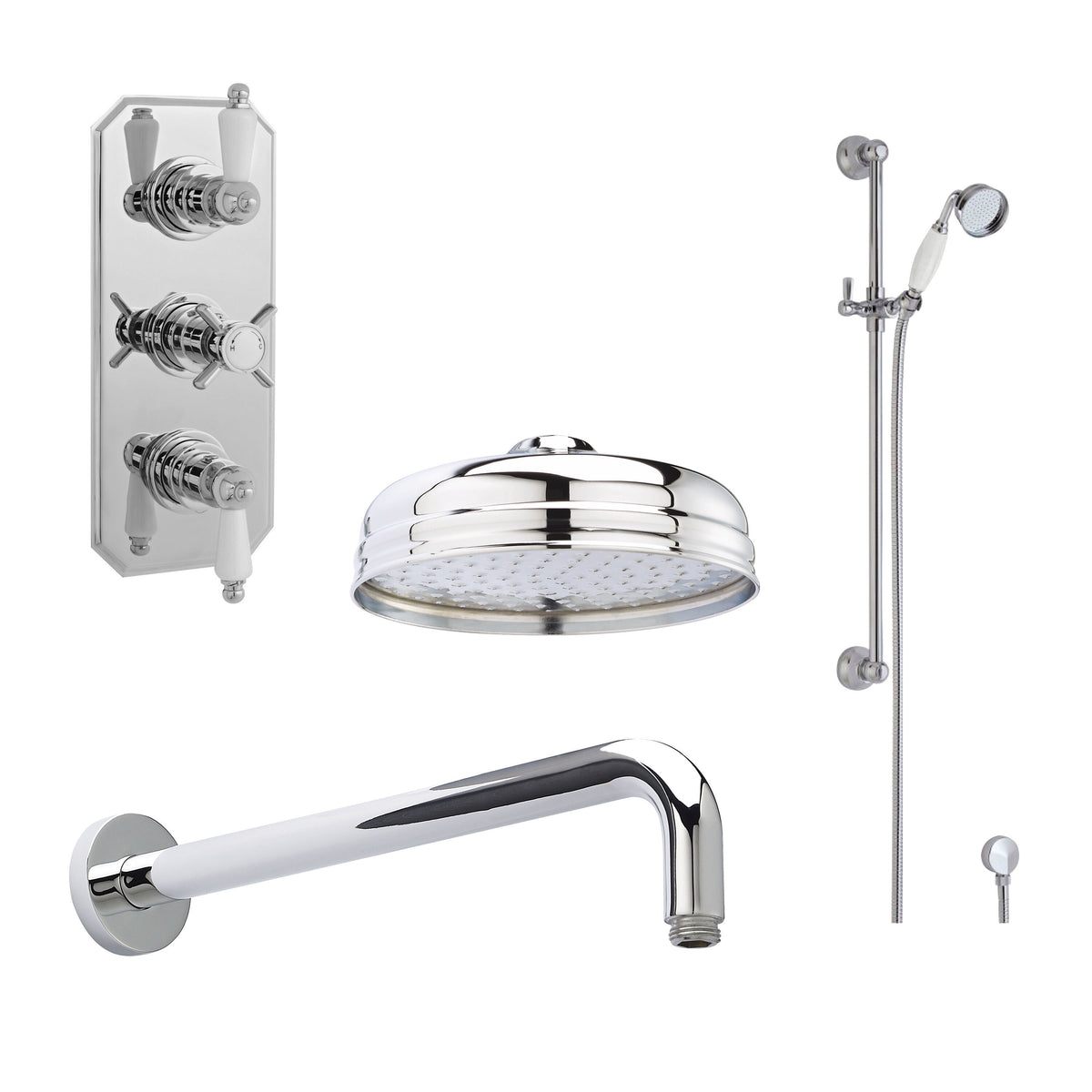 Modern Splash Chrome Traditional Triple Thermostatic Valve, Shower Arm, Fixed Shower Head And Slider Rail Kit
