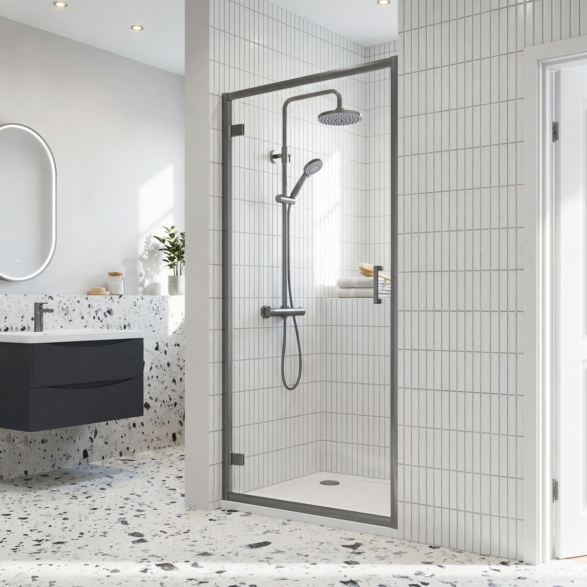 Modern Splash 800mm Brushed Pewter Semi-Frameless  Hinged Shower Door