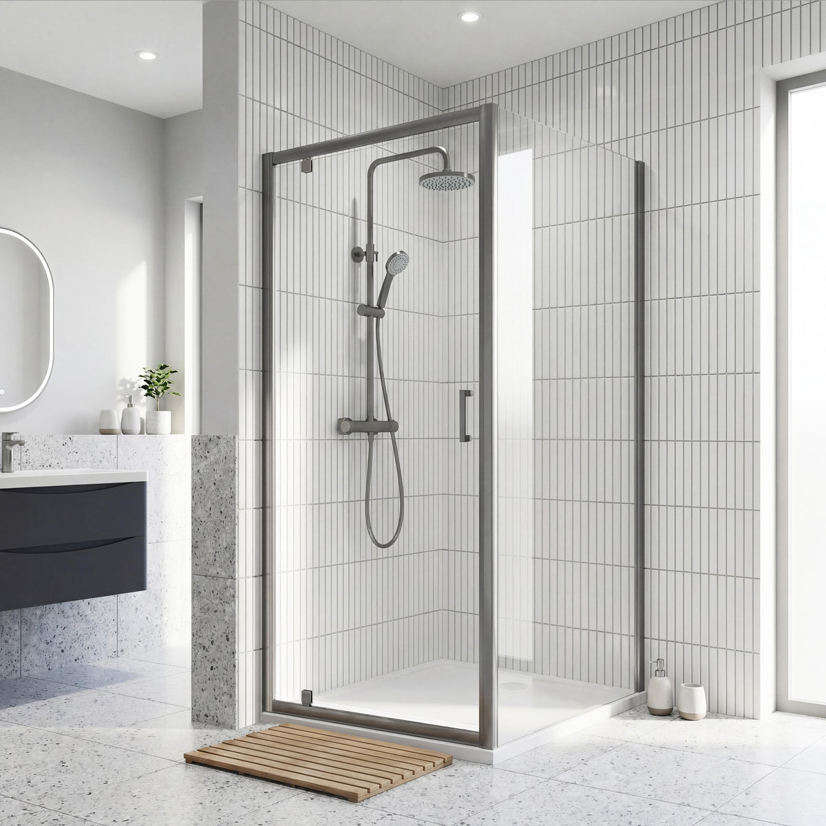 Modern Splash 800mm Brushed Pewter Framed  Pivot Shower Door