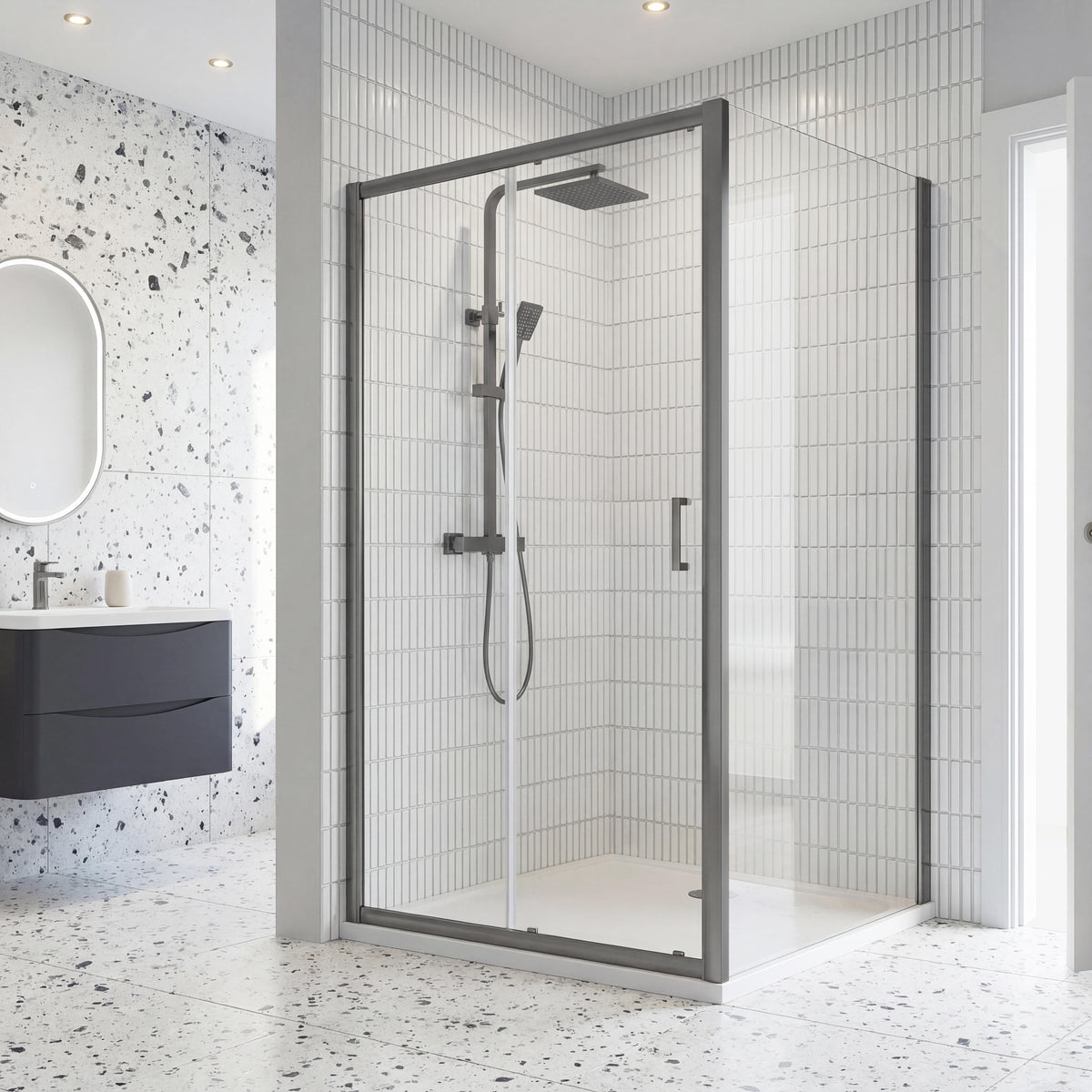Modern Splash 1600mm Brushed Pewter Framed  Sliding Shower Door