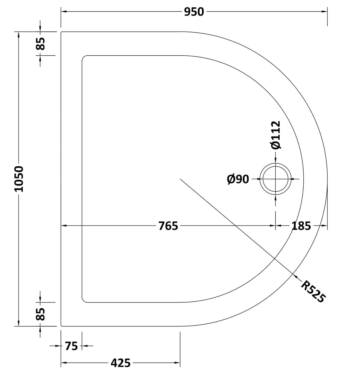 1050 x 950mm Slate Gray Slimline D Shape Shower Tray