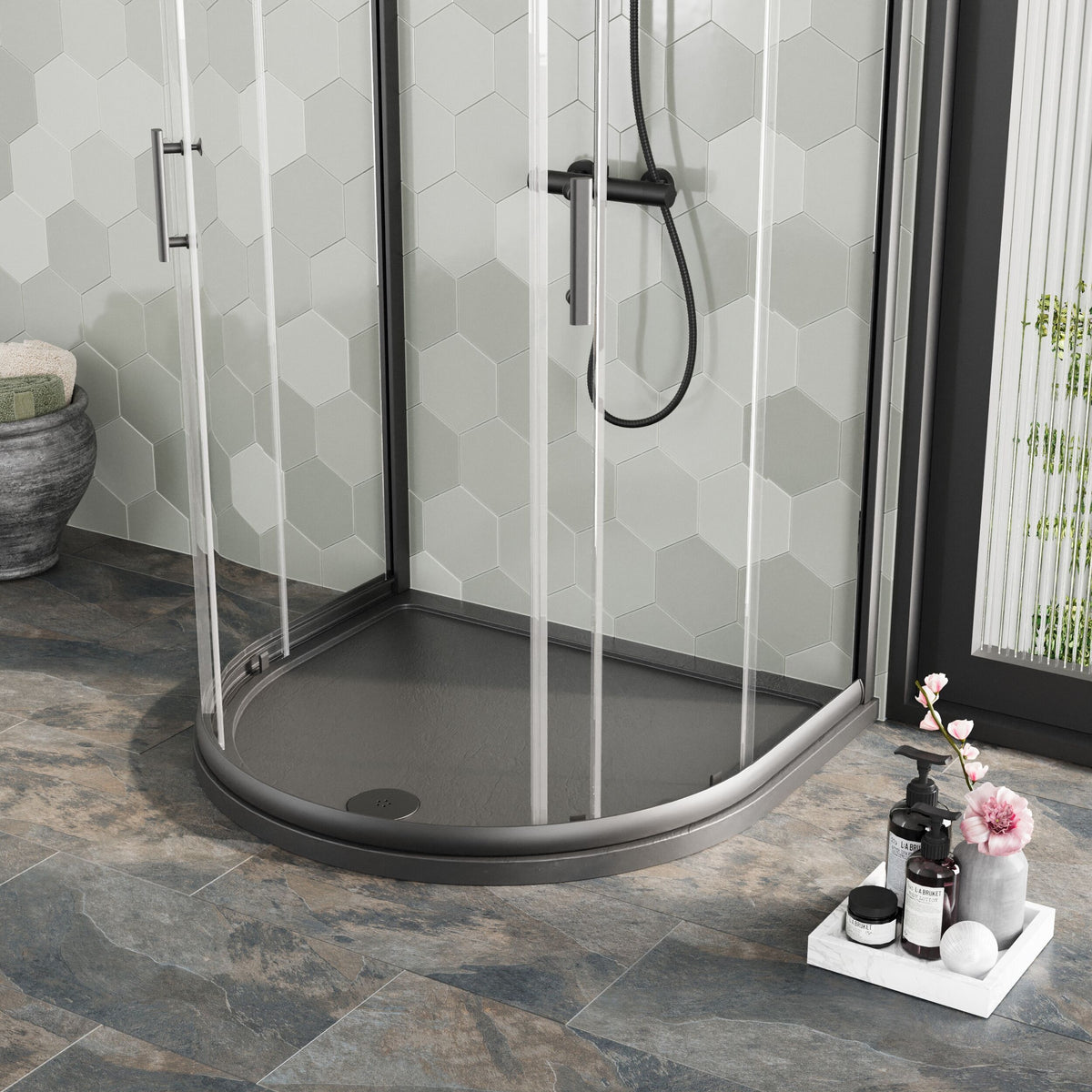 1050 x 950mm Slate Gray Slimline D Shape Shower Tray