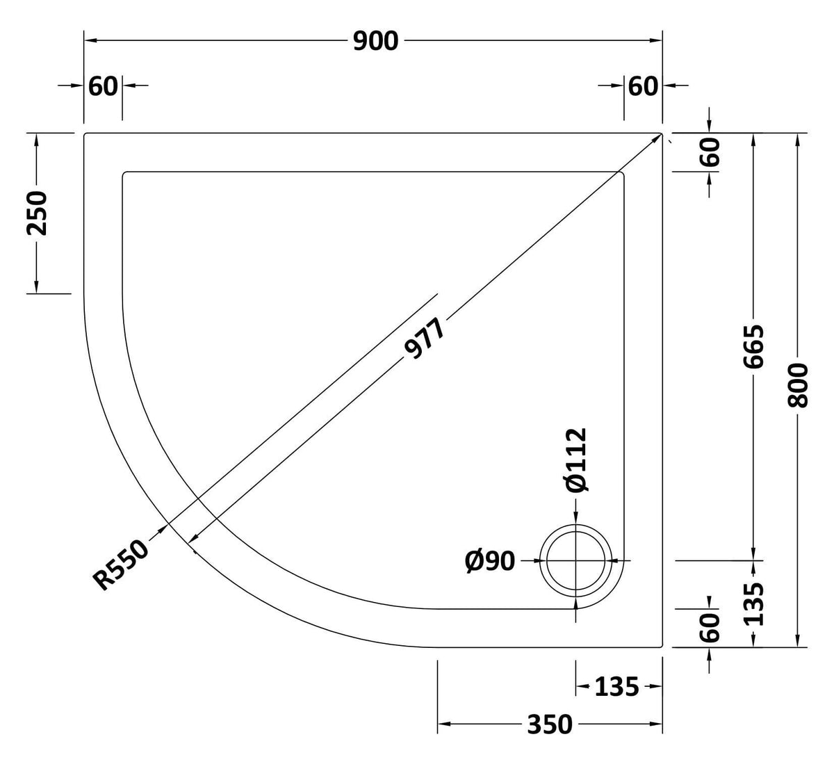 900 x 800mm Slate Grey Slimline Left Hand Offset Quadrant Shower Tray