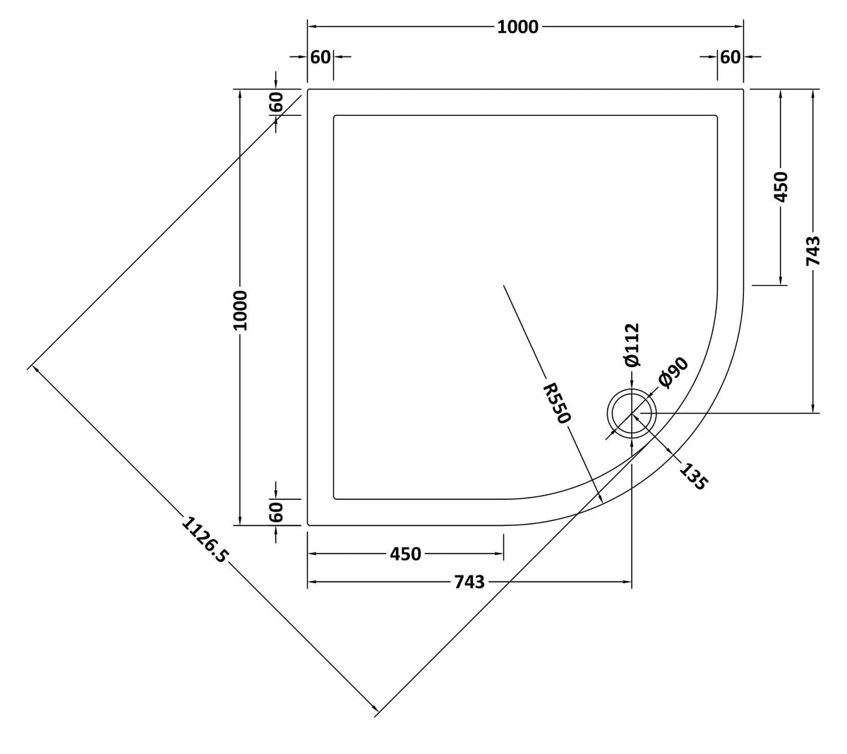 1000mm Slate Grey Slimline Quadrant Shower Tray