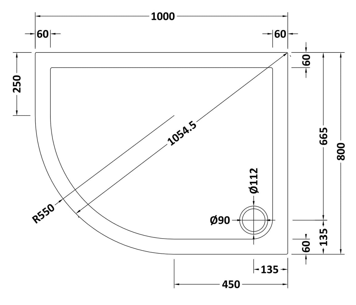 1000 x 800mm Slate Grey Slimline Left Hand Offset Quadrant Shower Tray