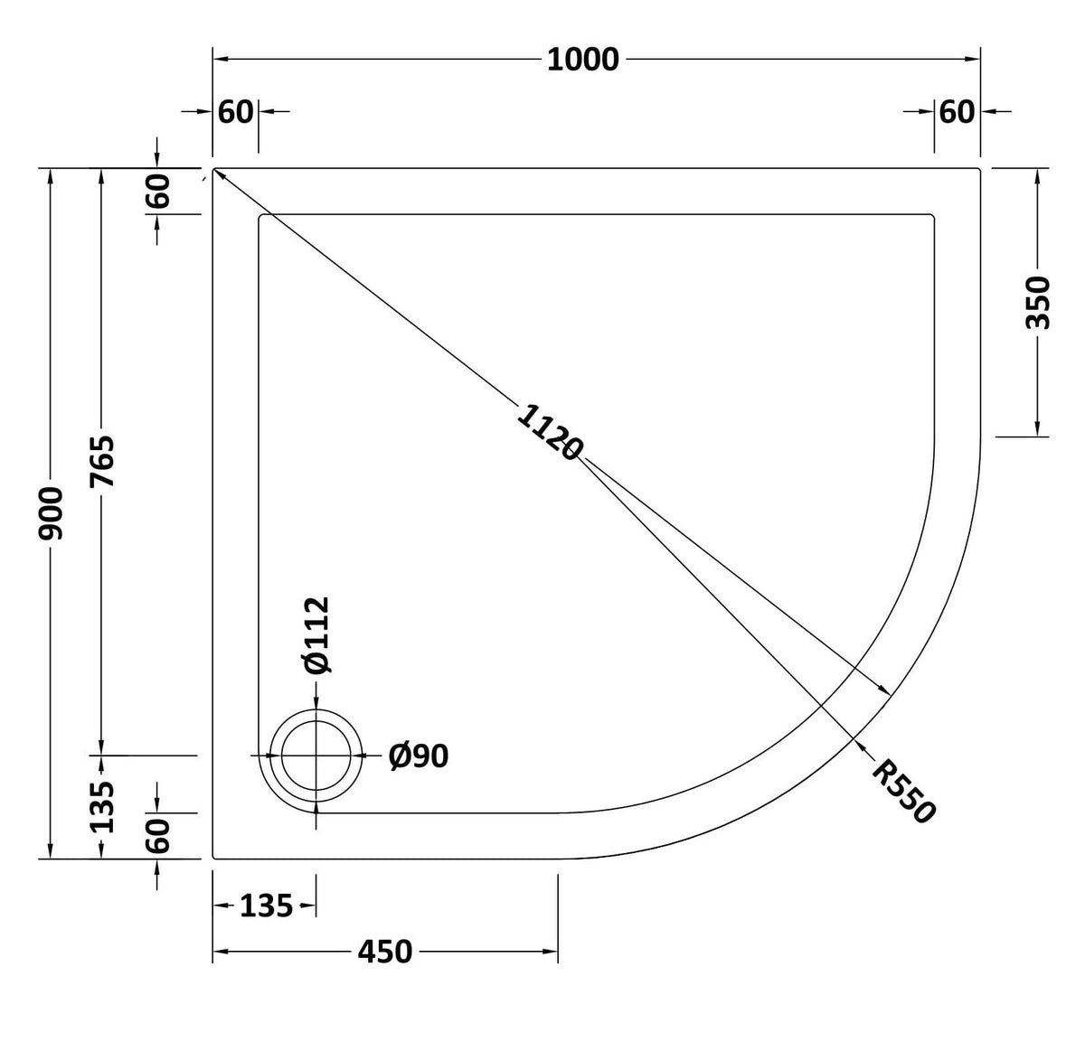 1000 x 900mm Slate Grey Slimline Right  Hand Offset Quadrant Shower Tray