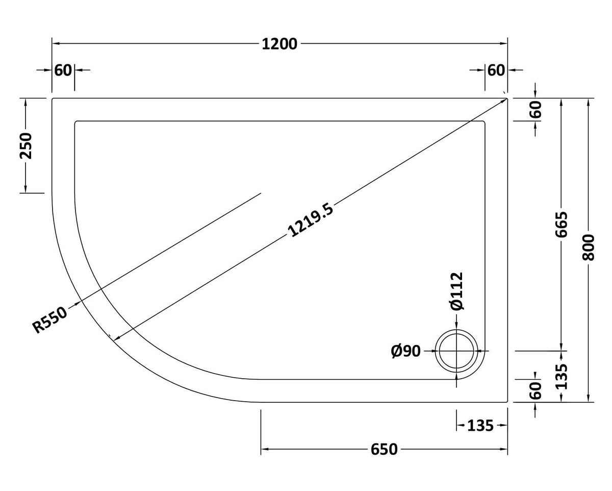1200 x 800mm Slate Grey Slimline Left Hand Offset Quadrant Shower Tray