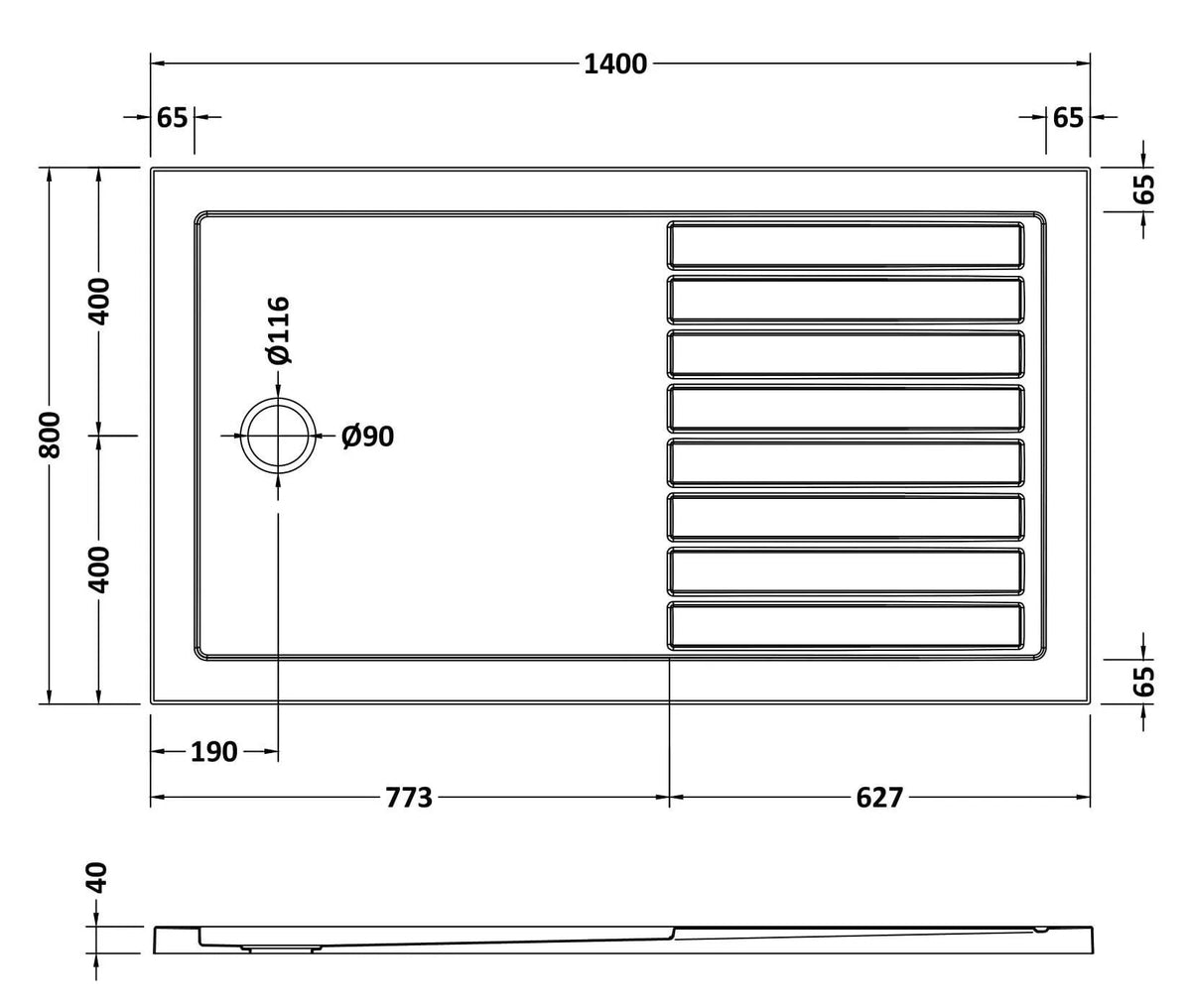 1400 x 800mm Slate Grey Slimline Rectangular Walk In Shower Tray