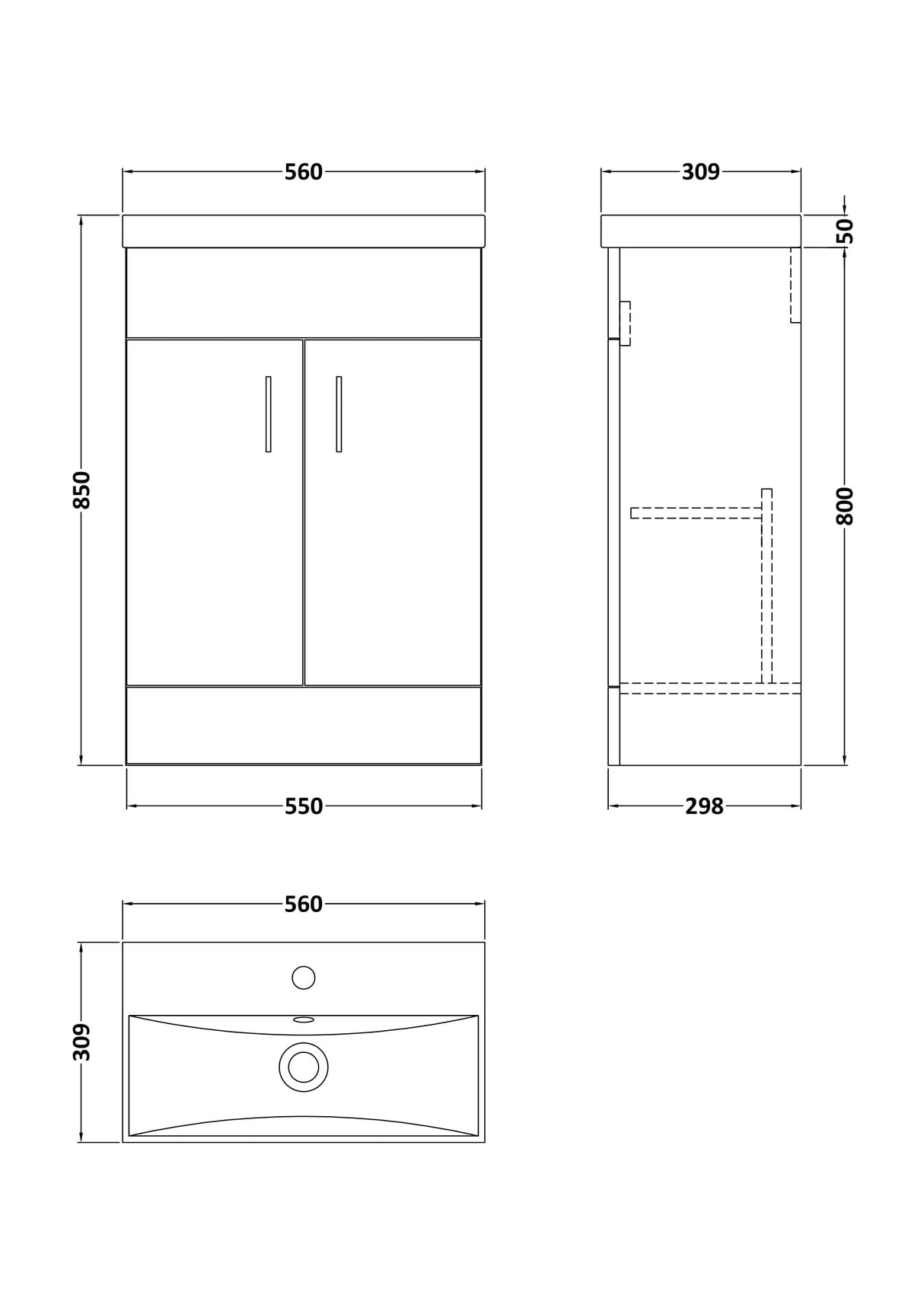 Modern Splash choice Turin 550mm Gloss White 2 Door Floor Standing Vanity Unit With Thin Edge Basin