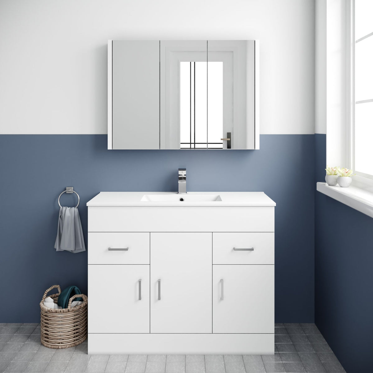 Modern Splash 1000mm Gloss White 3 Door 2 Drawer Floor Standing Cabinet With Basin