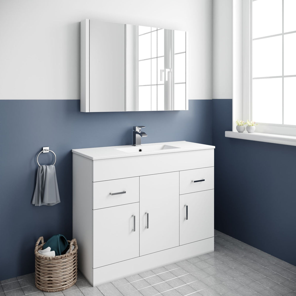 Modern Splash 1000mm Gloss White 3 Door 2 Drawer Floor Standing Cabinet With Basin