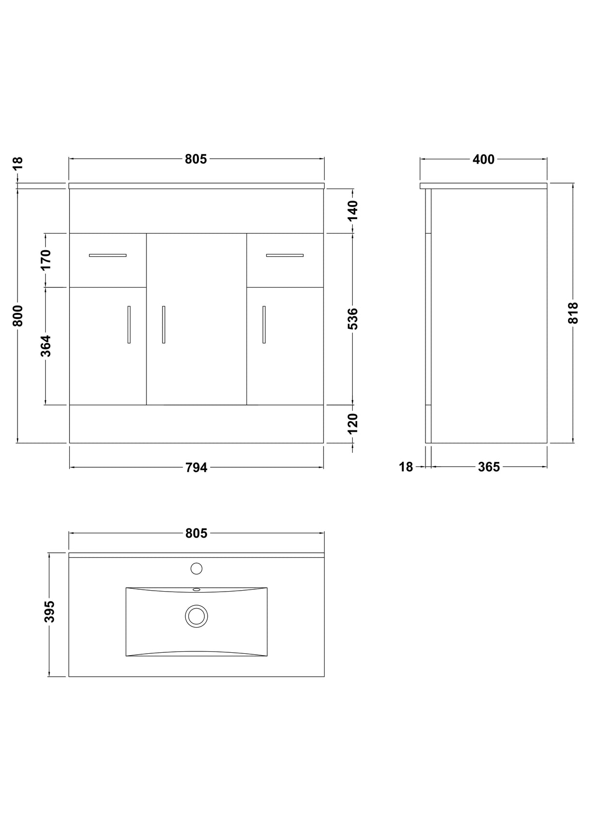 Modern Splash Eden 800mm Gloss White 3 Door 2 Drawer Floor Standing Cabinet With Basin