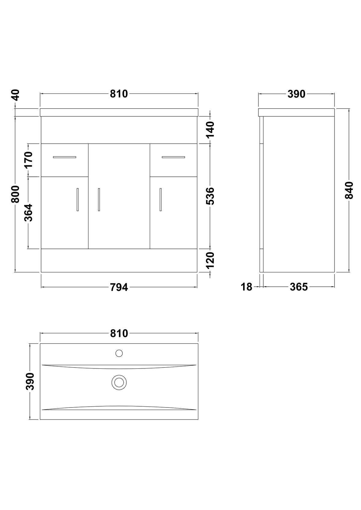 Modern Splash 800mm Gloss White 3 Door 2 Drawer Floor Standing Cabinet With Basin