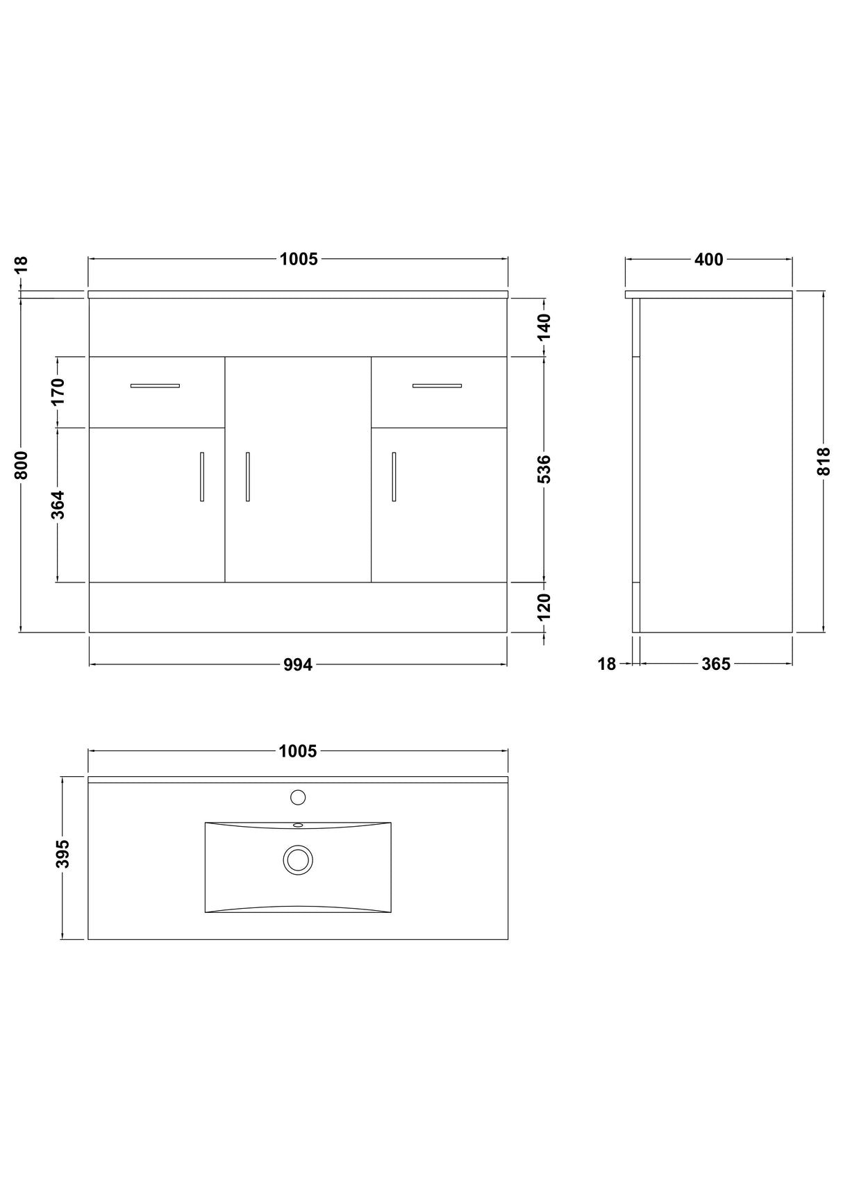 Modern Splash Eden 1000mm Gloss White 3 Door 2 Drawer Floor Standing Cabinet With Basin