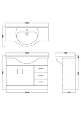Modern Splash 1050mm Gloss White 2 Door 3 Drawer Floor Standing Cabinet With U-Shaped Basin