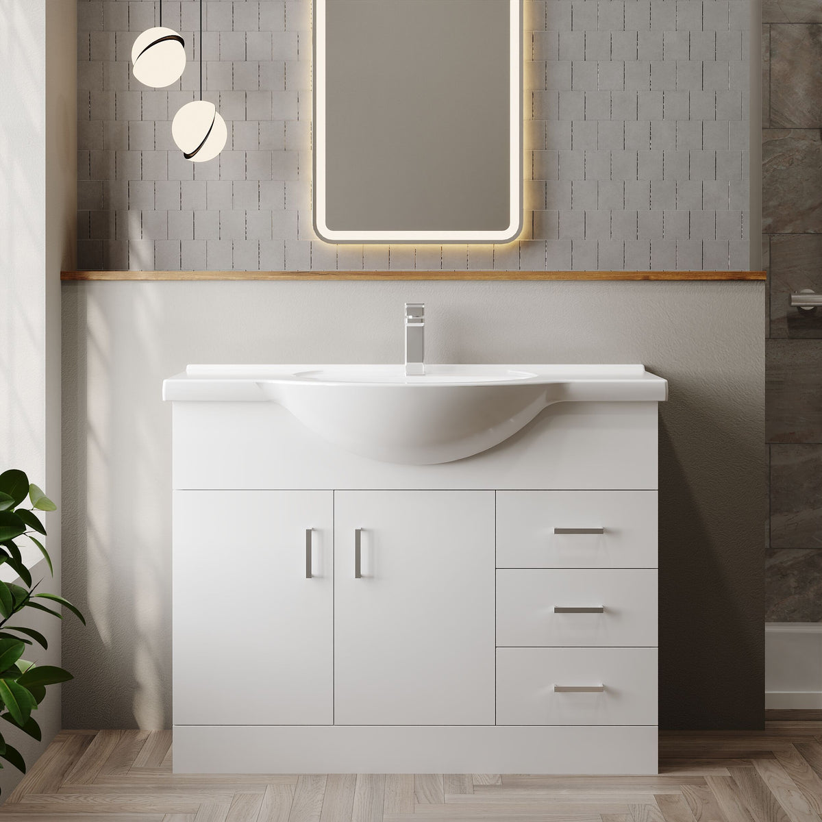 Modern Splash 1050mm Gloss White 2 Door 3 Drawer Floor Standing Cabinet With U-Shaped Basin