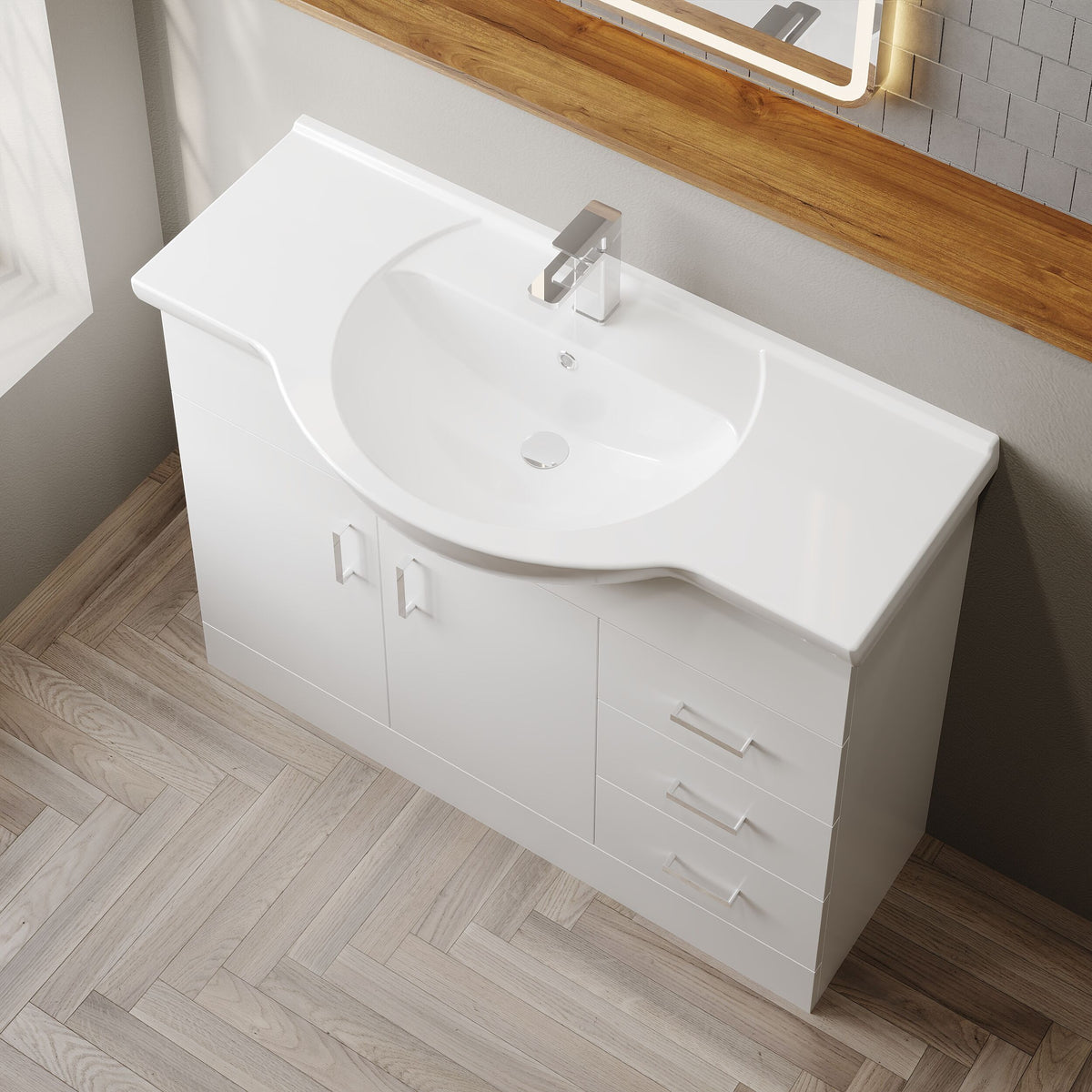 Modern Splash 1050mm Gloss White 2 Door 3 Drawer Floor Standing Cabinet With U-Shaped Basin