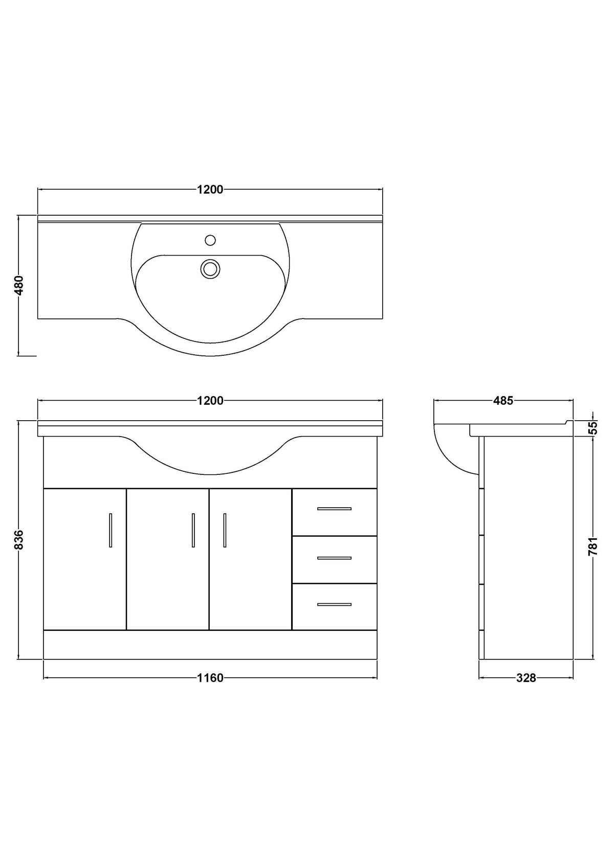 Modern Splash 1200mm Gloss White 3 Door 3 Drawer Floor Standing Cabinet With U-Shaped Basin