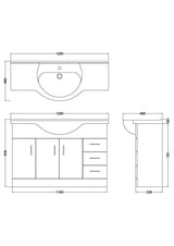 Modern Splash 1200mm Gloss White 3 Door 3 Drawer Floor Standing Cabinet With U-Shaped Basin