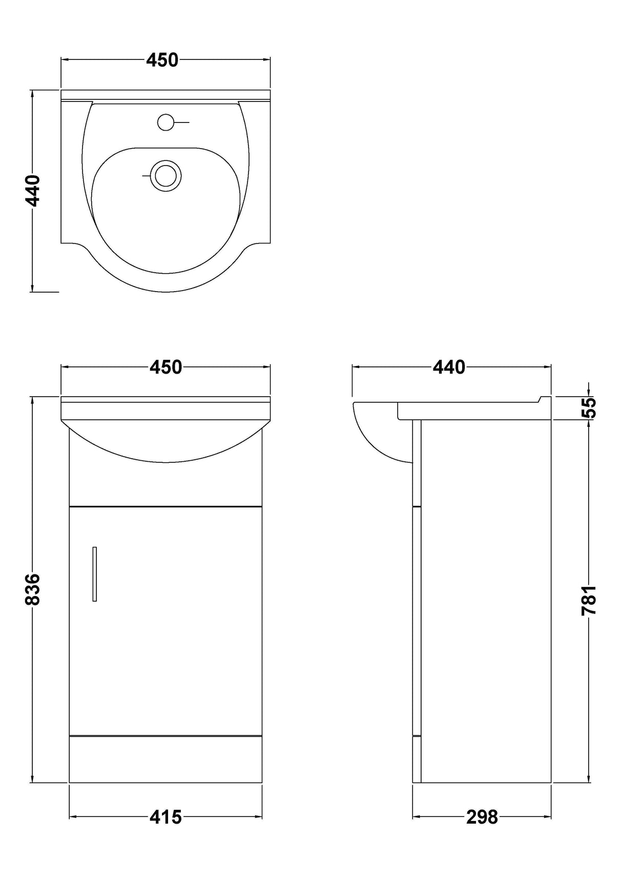 Modern Splash Mayford 450mm Gloss White 1 Door Floor Standing Cabinet With U-Shaped Basin