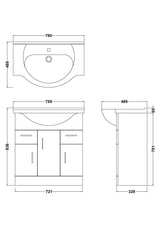 Modern Splash 750mm Gloss White 3 Door 2 Drawer Floor Standing Cabinet With U-Shaped Basin