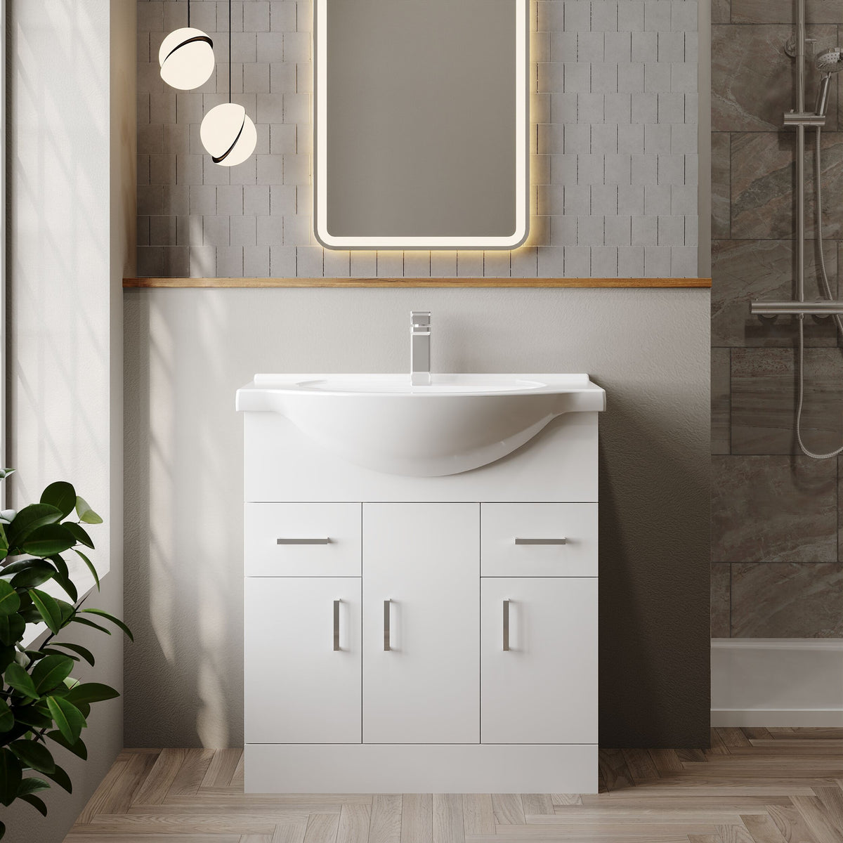Modern Splash 750mm Gloss White 3 Door 2 Drawer Floor Standing Cabinet With U-Shaped Basin