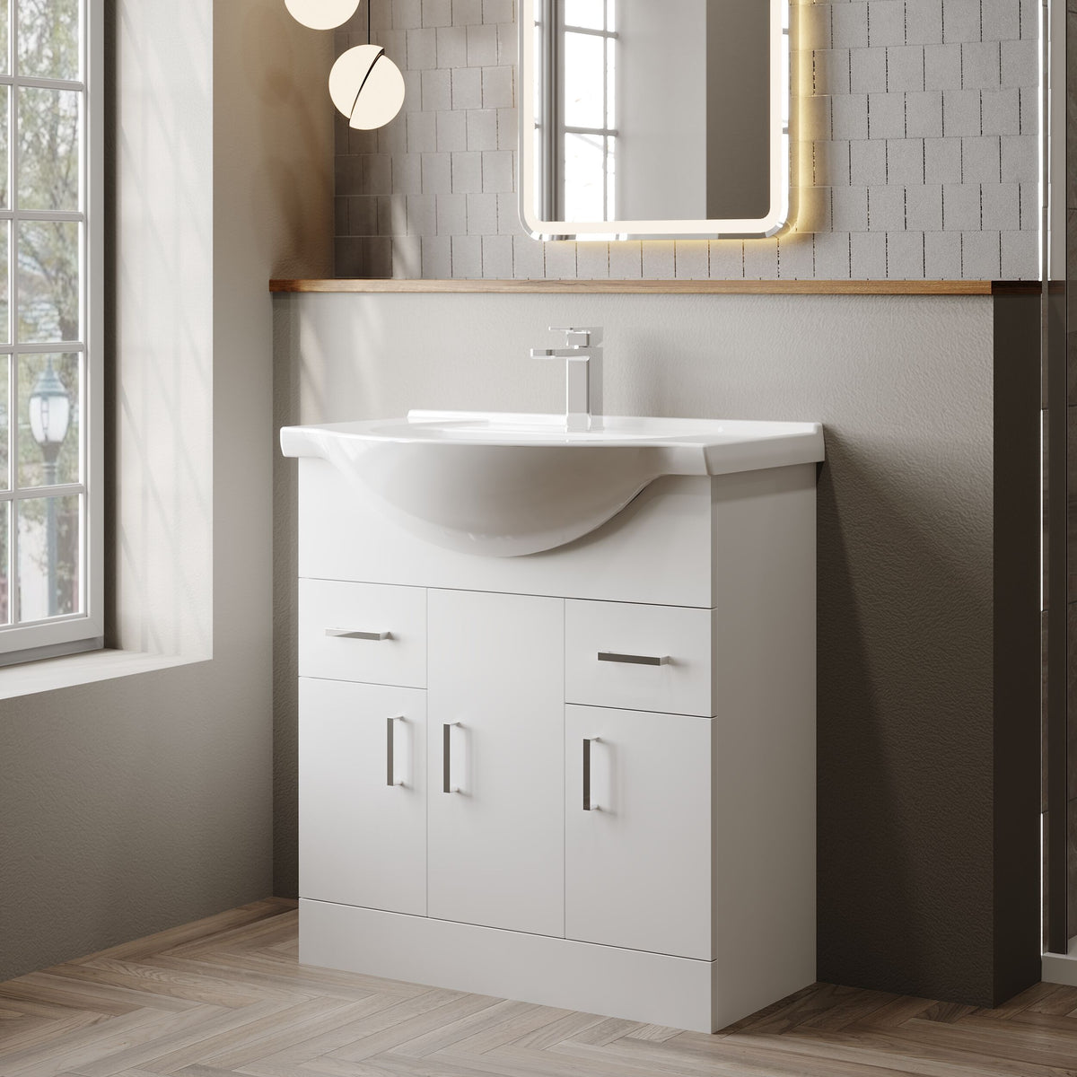 Modern Splash 750mm Gloss White 3 Door 2 Drawer Floor Standing Cabinet With U-Shaped Basin