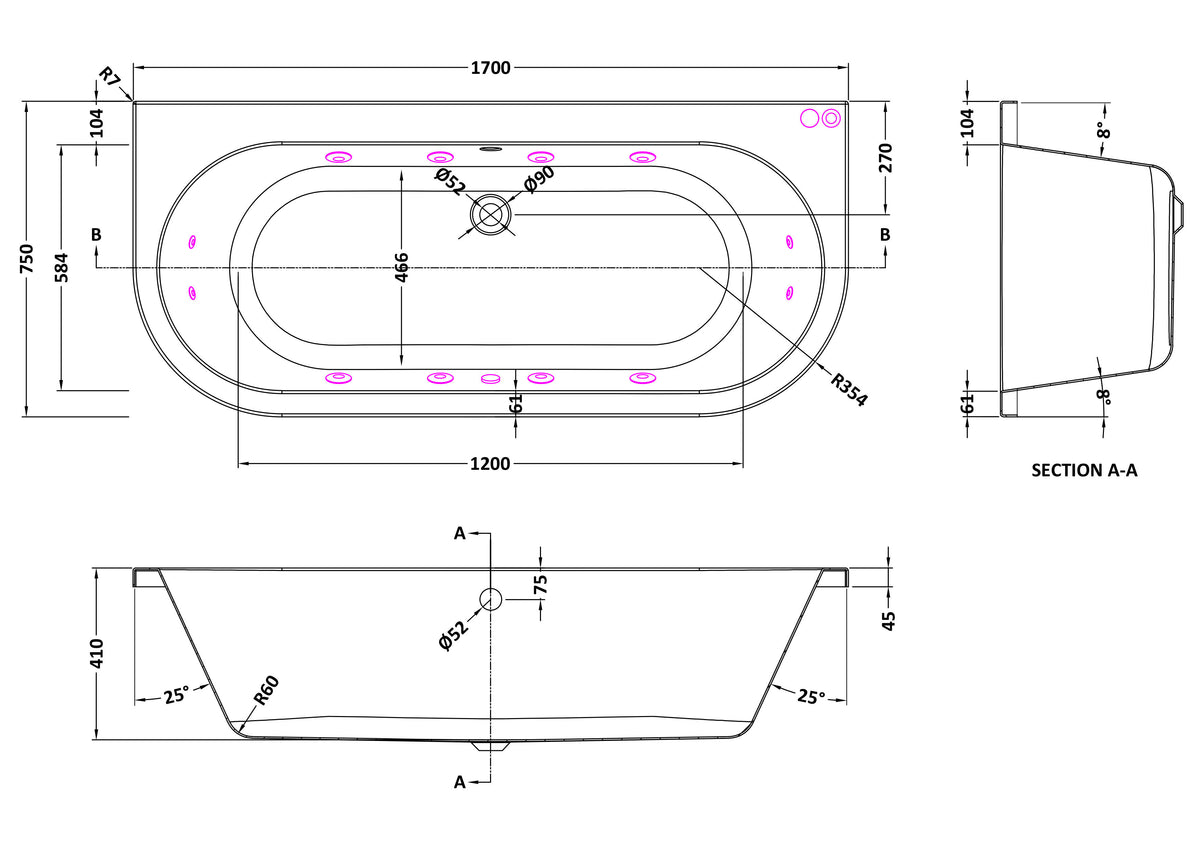 Modern Splash  1700mm Back to Wall Double Ended 12 Jet Whirlpool Bath