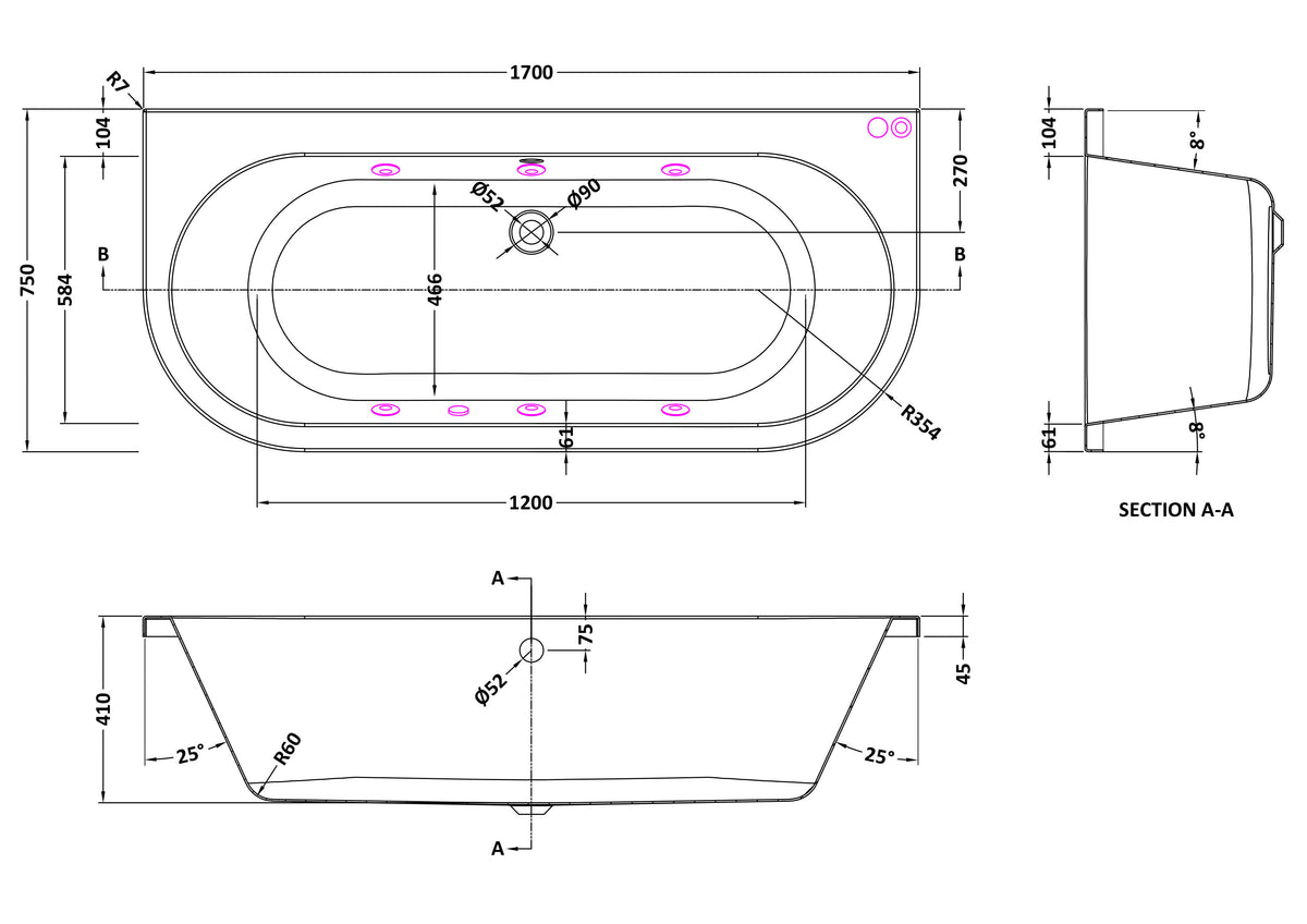Modern Splash  1700mm Back to Wall Double Ended 6 Jet Whirlpool Bath