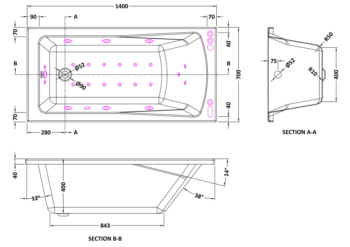 Modern Splash  1400mm Single Ended 11 Jet Hydrotherapy Whirlpool Bath With Light