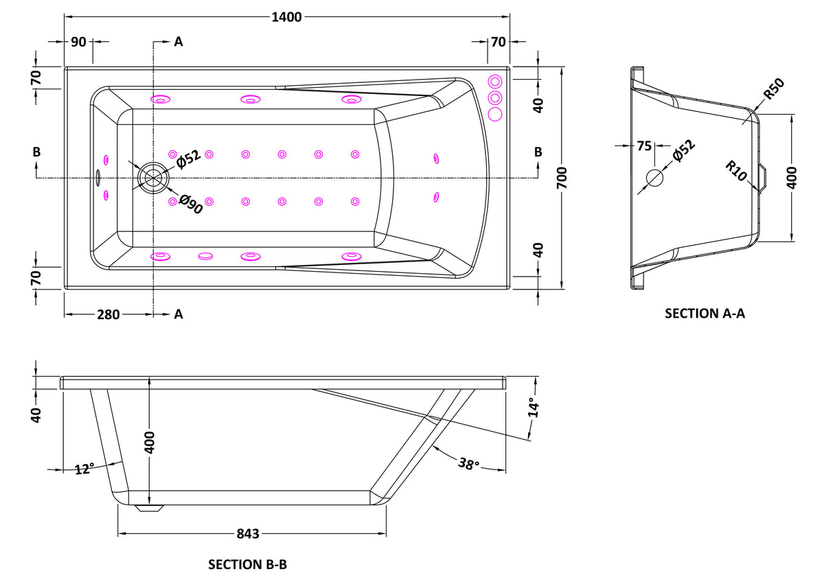 Modern Splash  1400mm Single Ended 11 Jet Hydrotherapy Whirlpool Bath