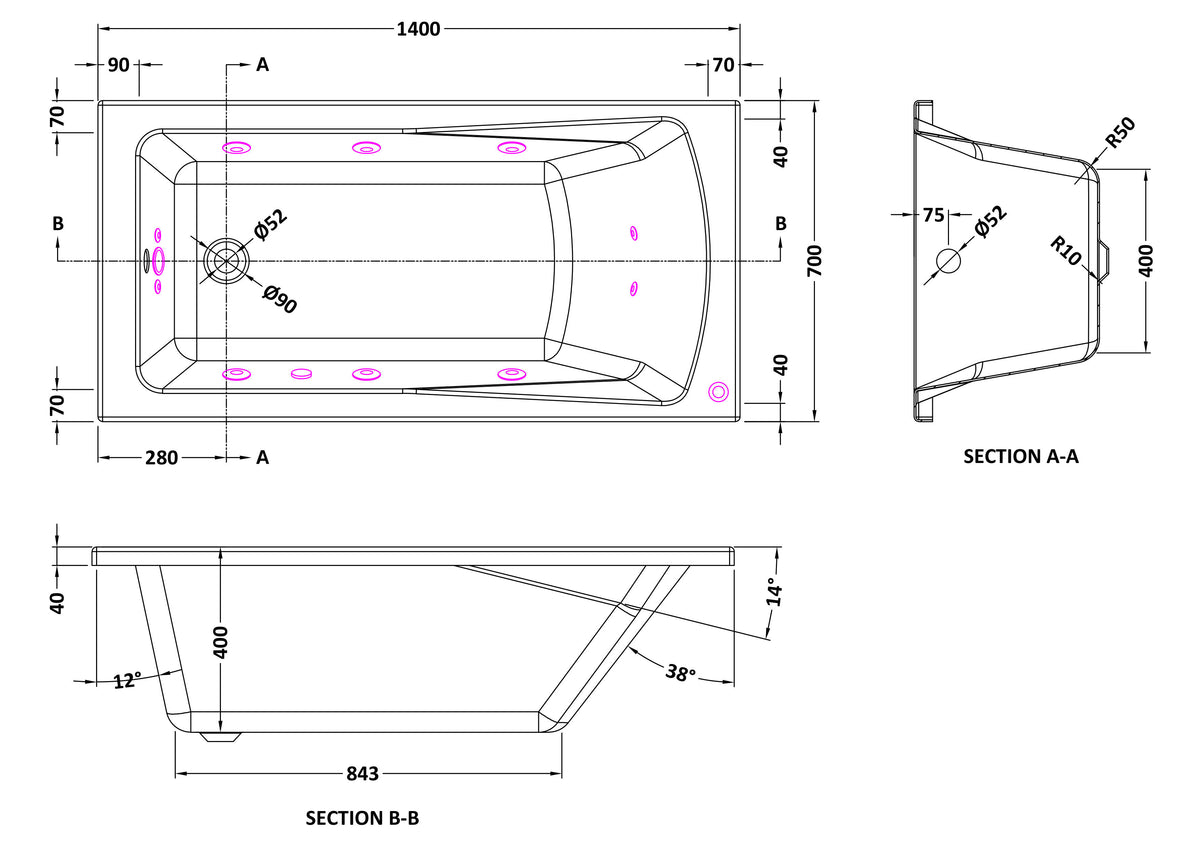 Modern Splash  1400mm Single Ended 11 Jet Whirlpool Bath With Light