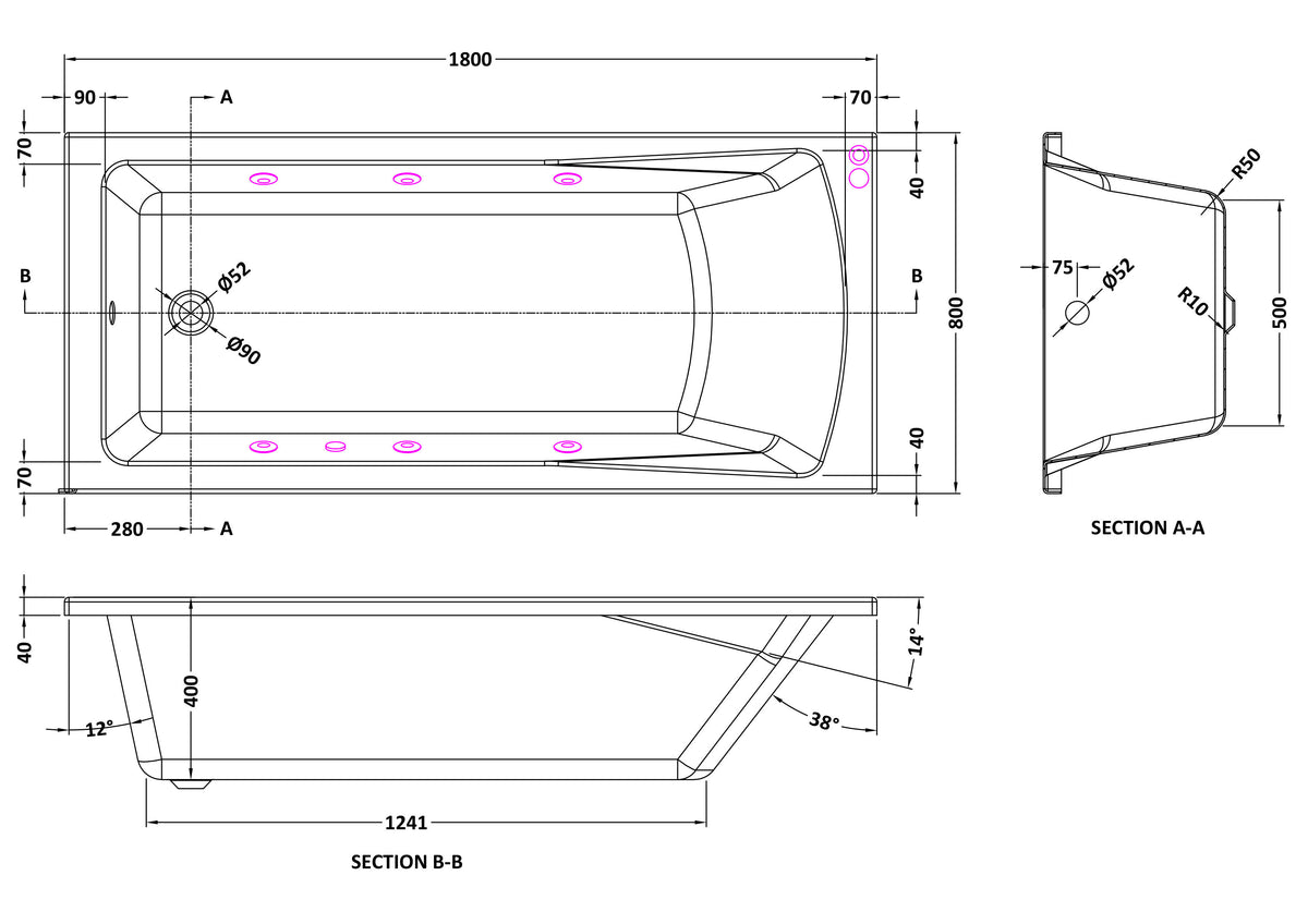 Modern Splash  1800mm Single Ended 6 White Jet Whirlpool Bath Square Single
