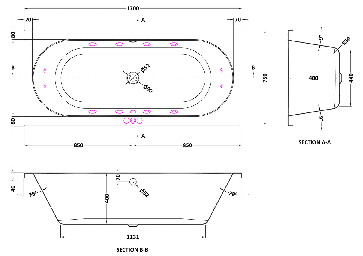 Modern Splash  1700mm Double Ended 12 Jet Whirlpool Bath