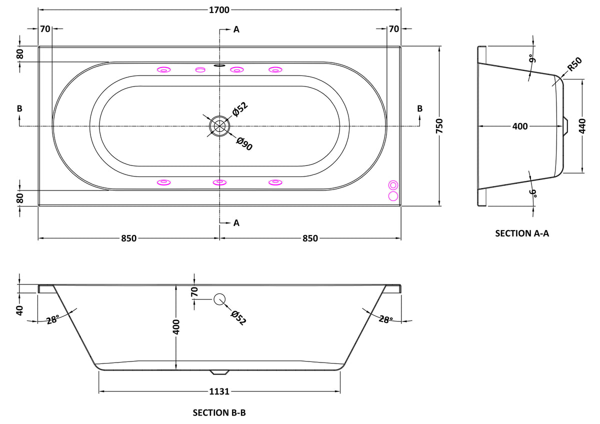 Modern Splash  1700mm Double Ended 6 Chrome Jet Whirlpool Bath
