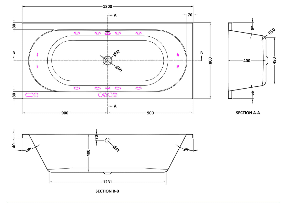 Modern Splash  1800mm Double Ended 12 Jet Hydrotherapy Whirlpool Bath With Light
